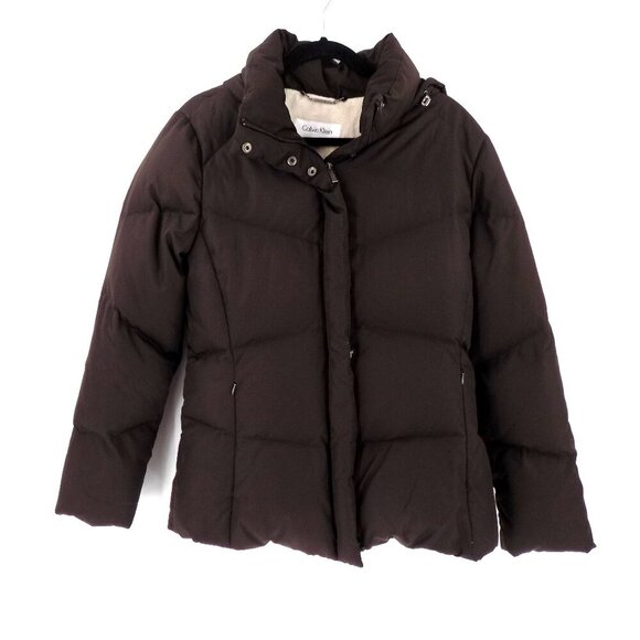 Calvin Klein Puffer Down Hooded Coat Size Large Dark Brown - Picture 1 of 5